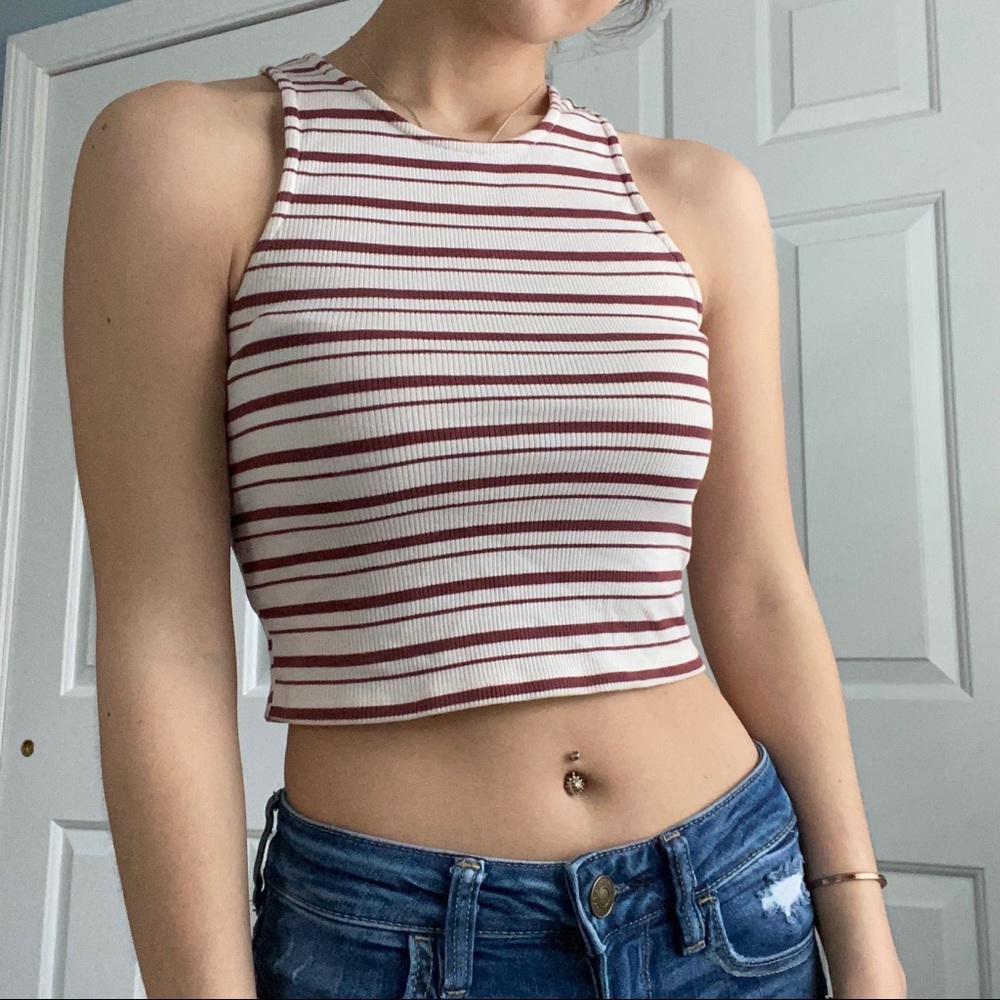 Red and White Striped Cropped Tank Top